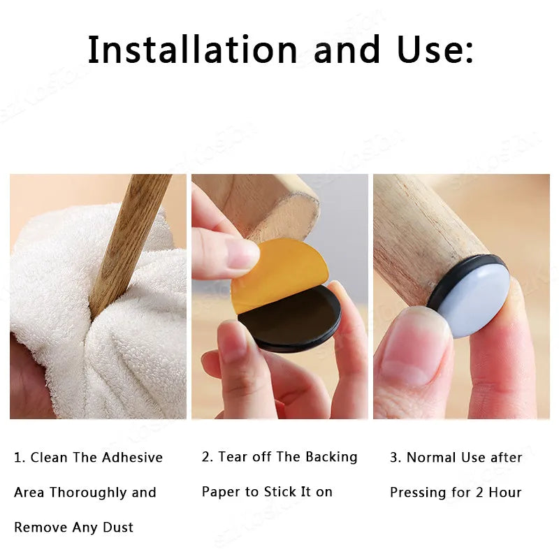 Three-step instructional guide showing how to clean the furniture leg and attach adhesive floor protection pads