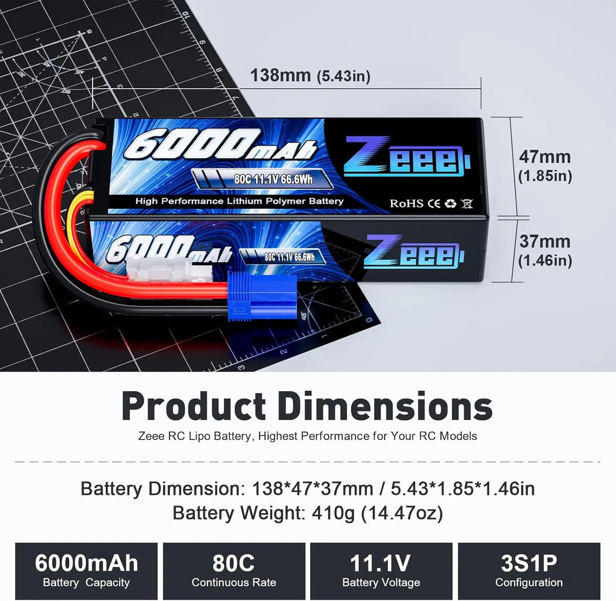 A lithium polymer battery pack with technical dimension measurements overlaid on a grid background
