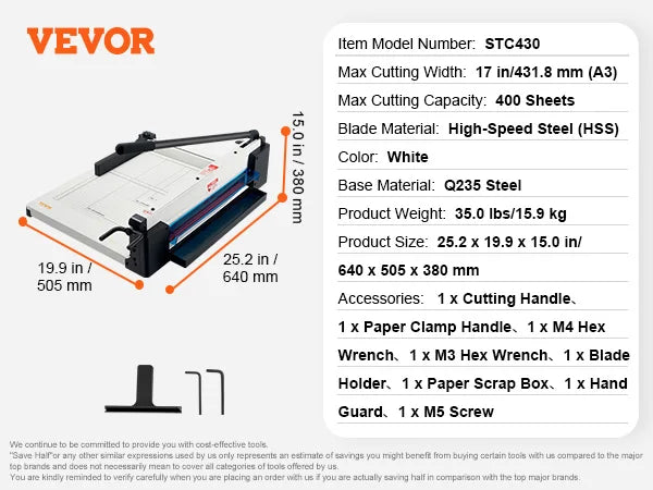 Industrial Paper Cutter with 400 Sheet Capacity, 12" or 17" Cutting Length – 17inch