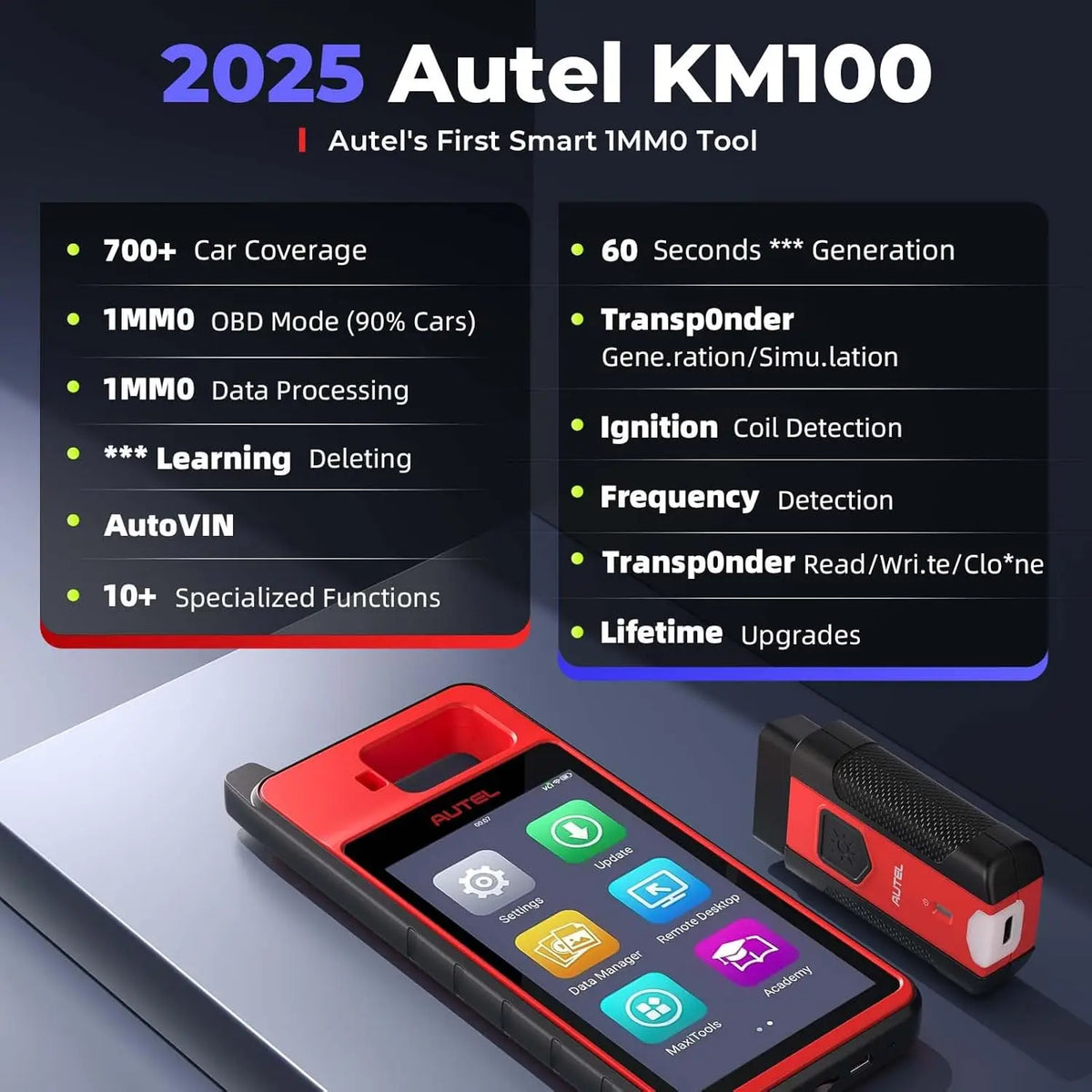 Handheld key programmer with red and black diagnostic interface and feature list