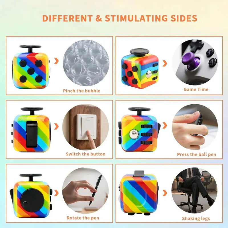 Educational infographic showcasing different functions of a sensory fidget cube toy with descriptive text and icons.