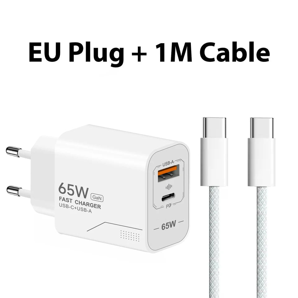 65W GaN USB-C and USB-A Dual-Port Fast Wall Charger – EU Charger and Cable
