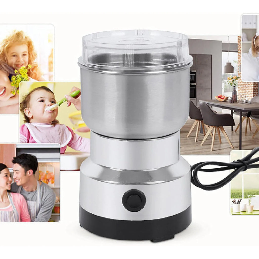 Electric grinder featured in a kitchen setting with scenes of a baby eating and a couple