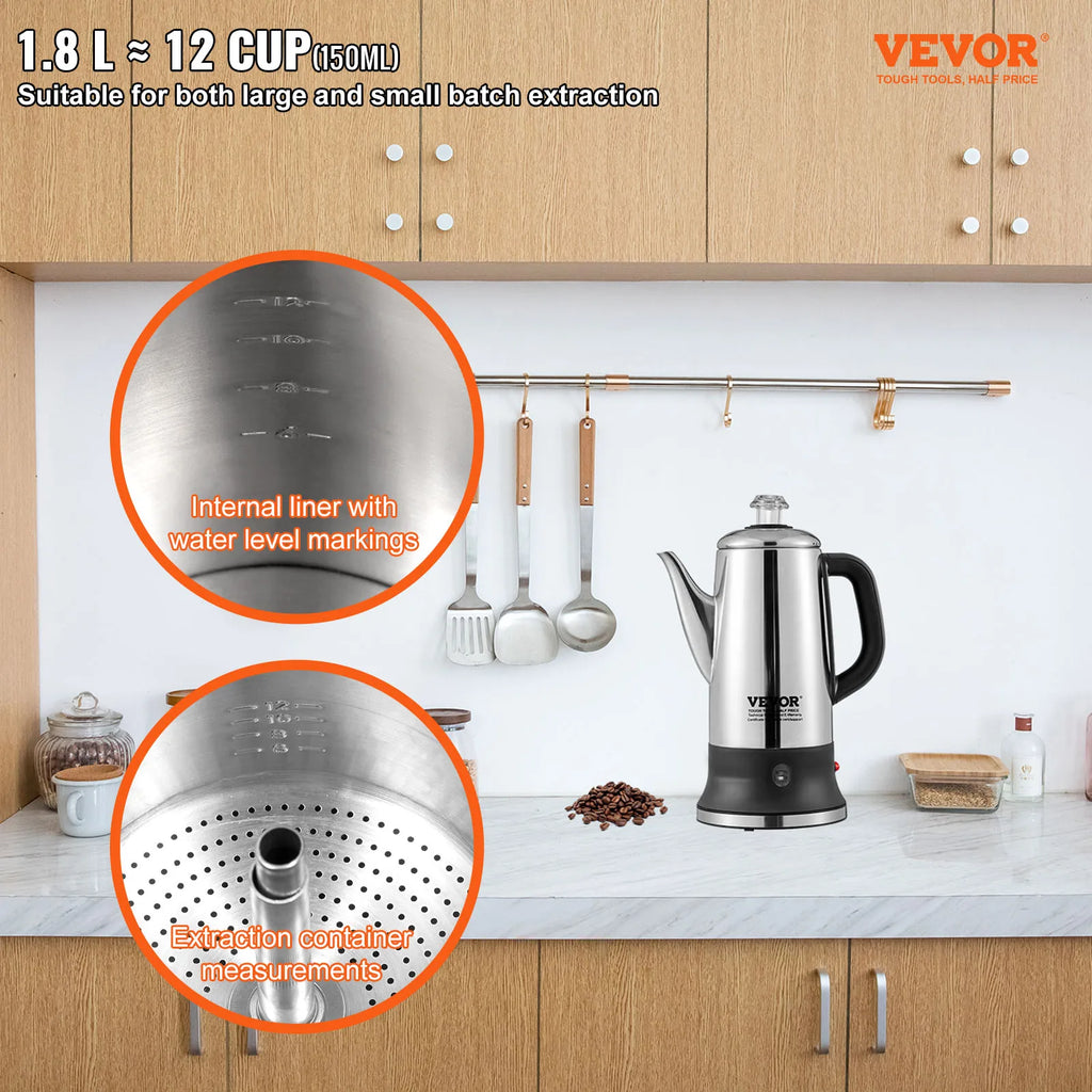 Stainless steel electric percolator coffee pot with close-ups of internal water markings and extraction basket.