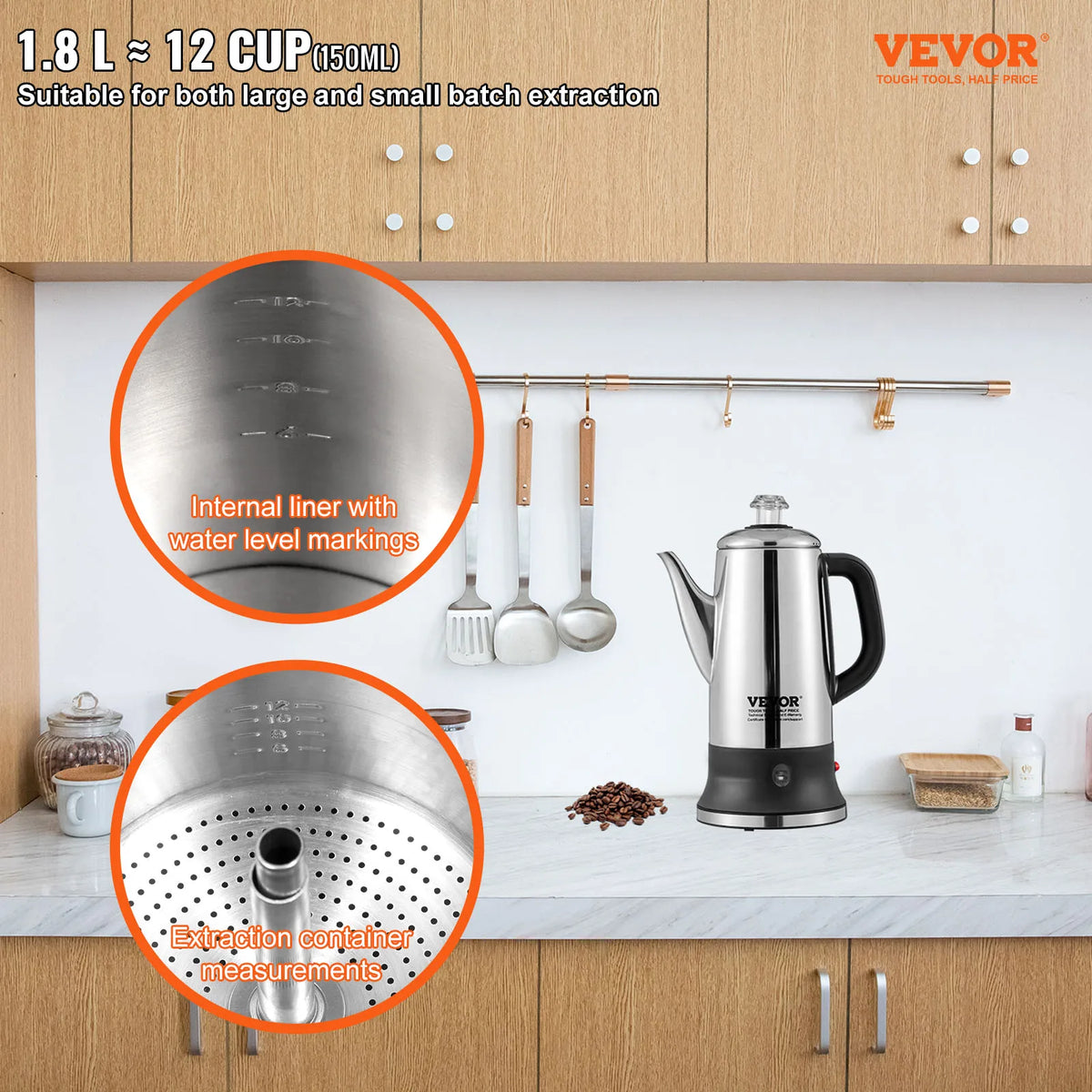 Stainless steel electric percolator coffee pot with close-ups of internal water markings and extraction basket.