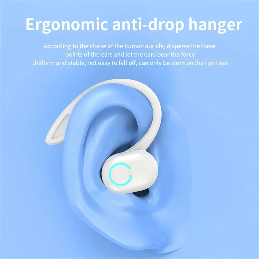 Close-up of a white wireless Bluetooth headset worn on an ear
