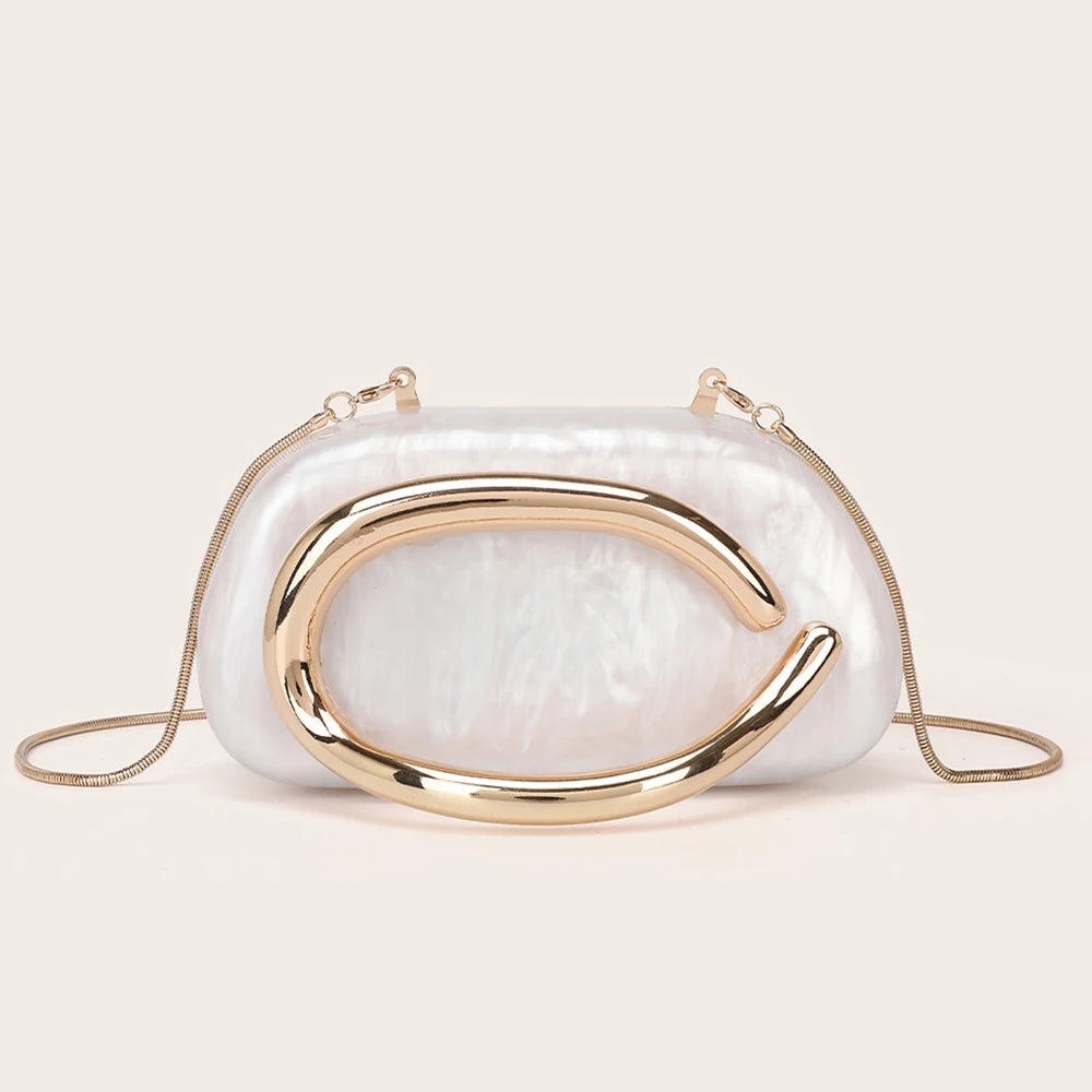 Women's Metal Box Clutch Handbag for Evening Party and Wedding – White