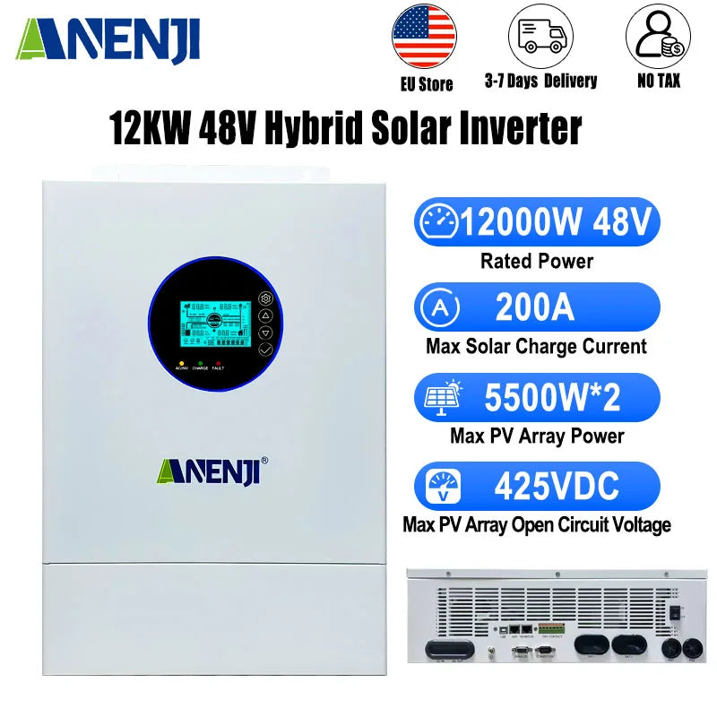 12KW 48V hybrid solar inverter unit with technical specifications and connection ports display