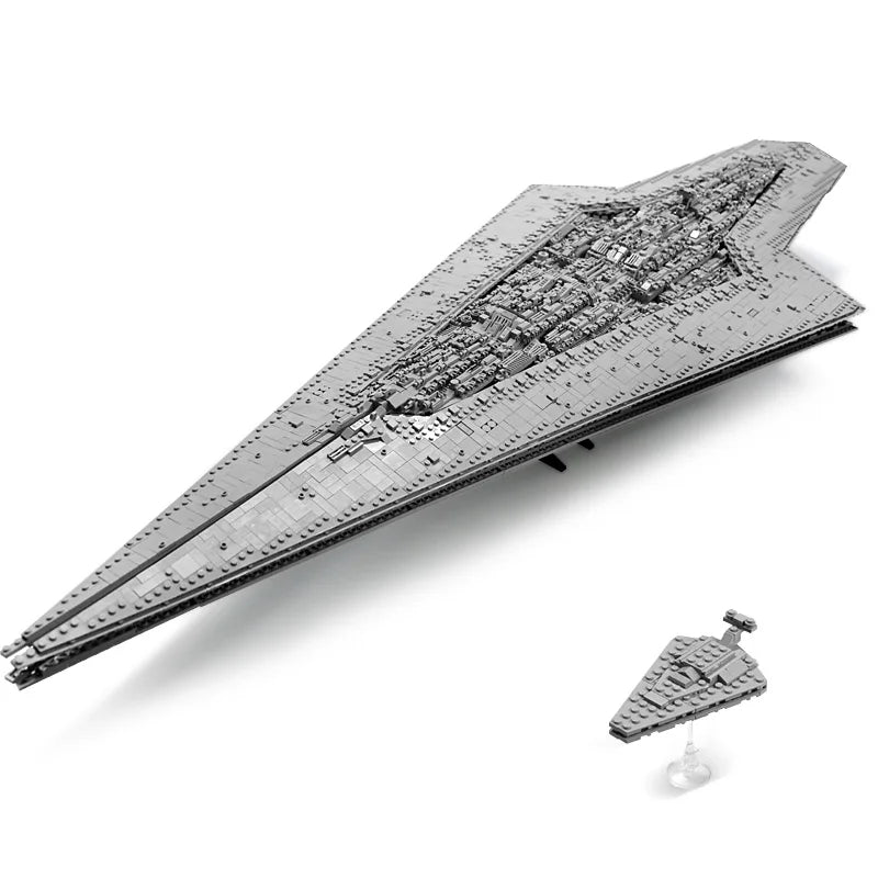 High angle view of a grey star dreadnought building block model with small ship