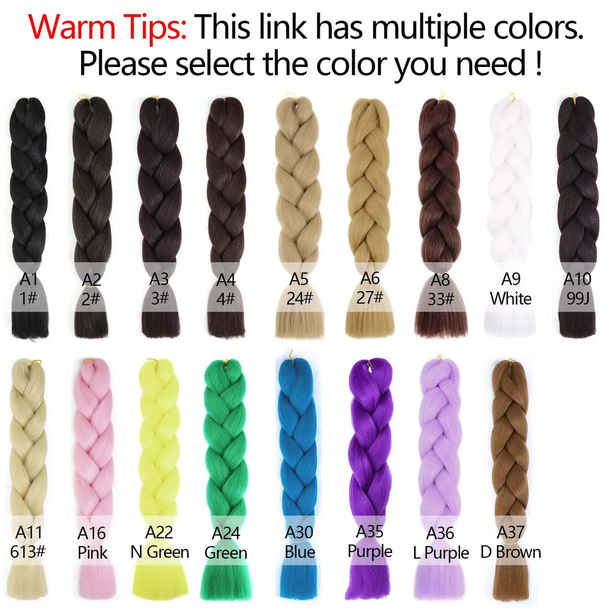 Color chart showing various shades of synthetic braiding hair extensions available