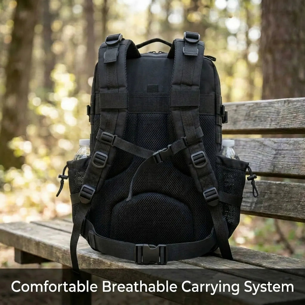 Back view of a black tactical backpack with breathable straps and side water bottle pockets in a forest setting.