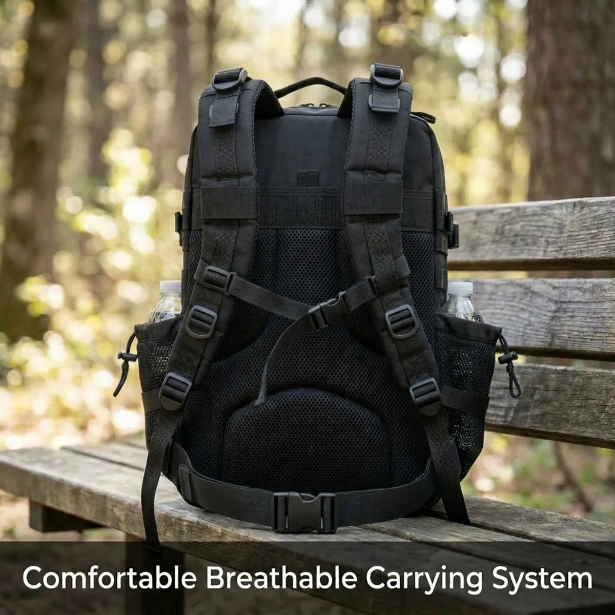 Back view of a black tactical backpack with breathable straps and side water bottle pockets in a forest setting.