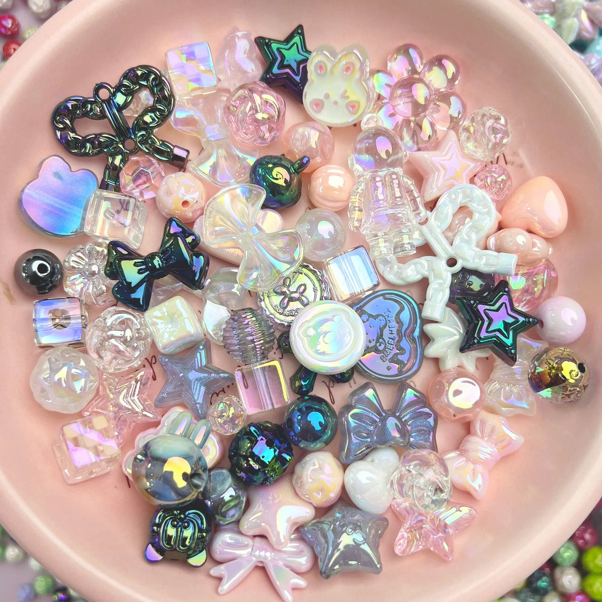 20g Y2K Acrylic Mixed Bowknot, Flower, and Heart Beads for DIY Jewelry – Black Pink