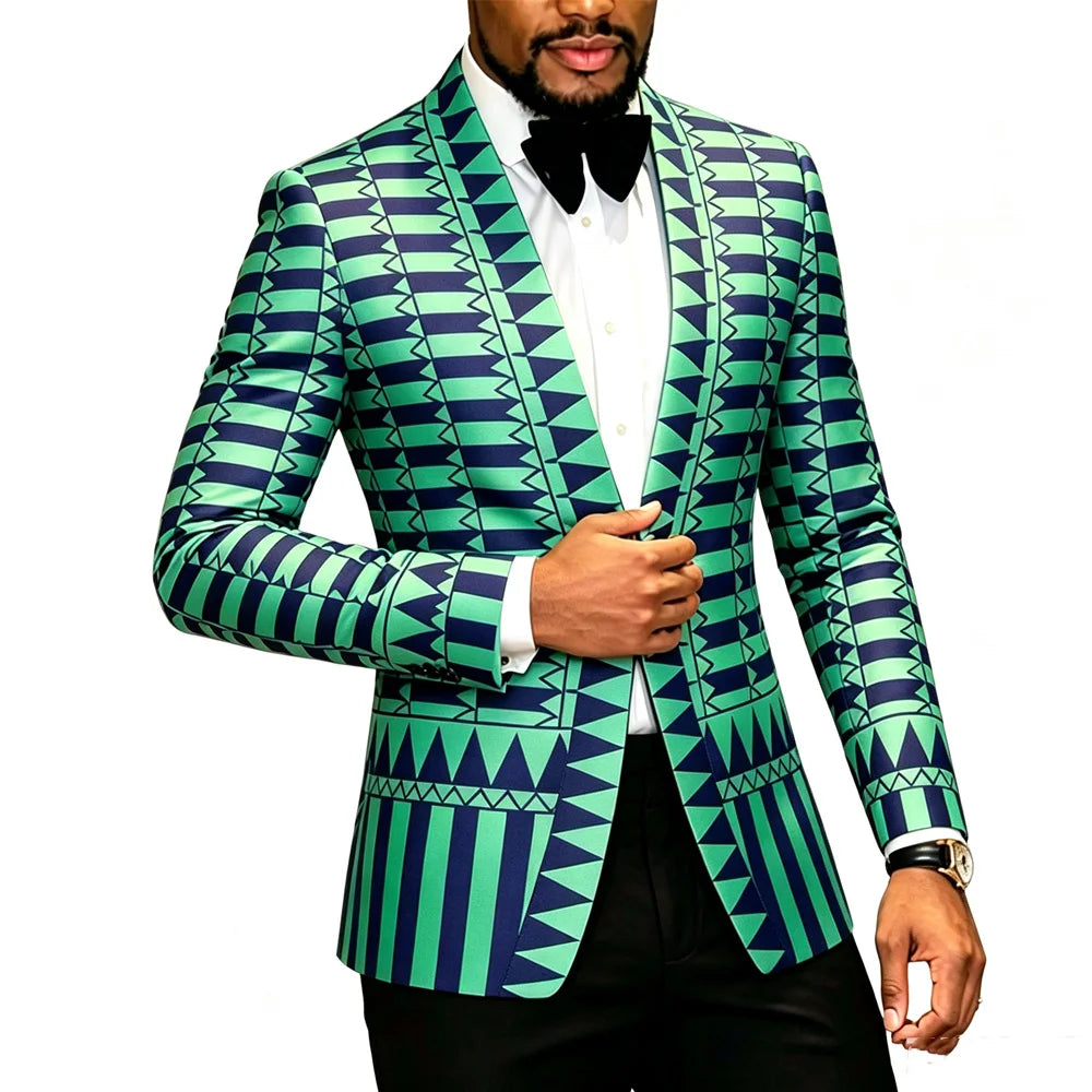 Men Geometric Print Slim Fit Shawl Lapel Tuxedo Blazer – Green