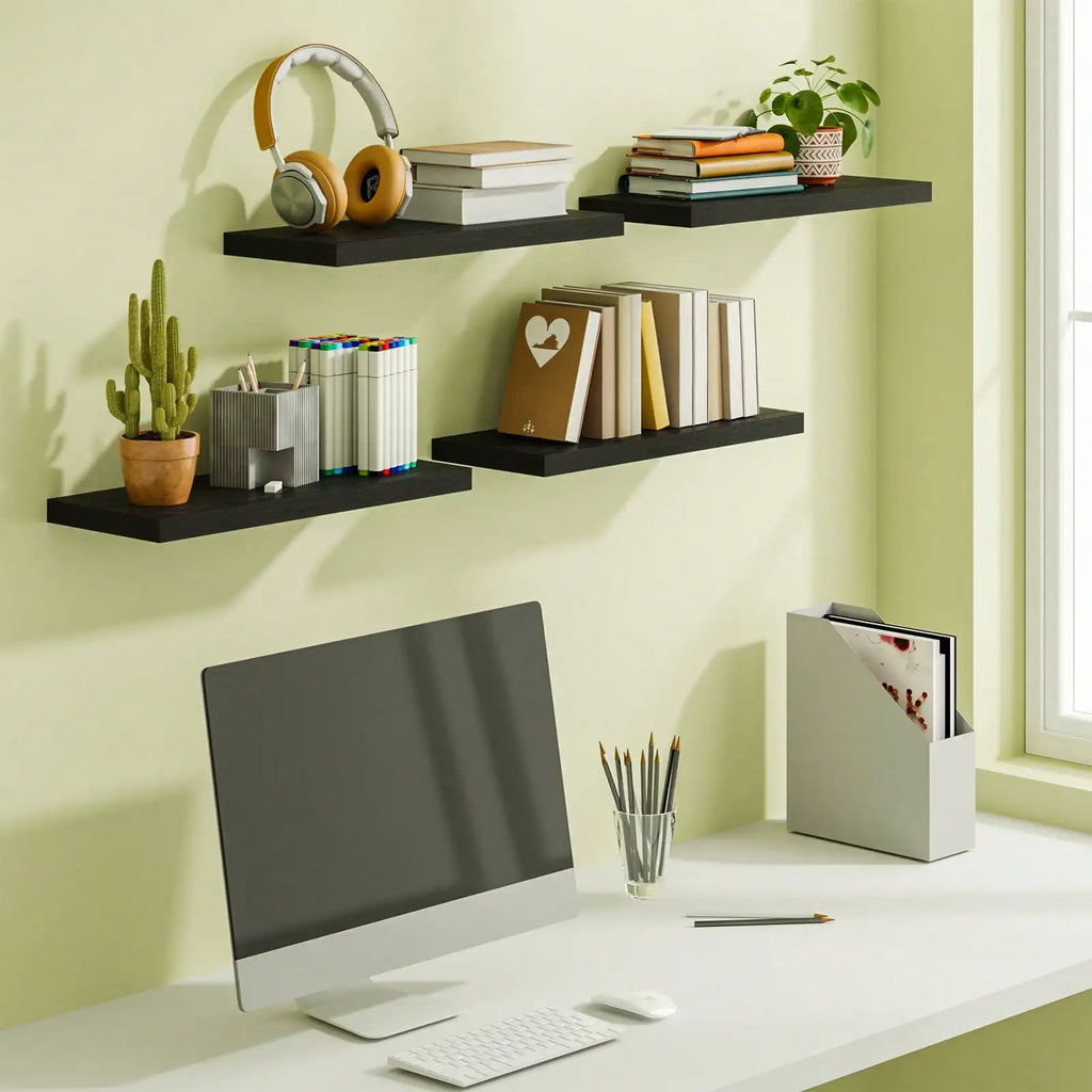 Four black floating shelves installed on a light green wall above a desk with a computer, holding books and decor