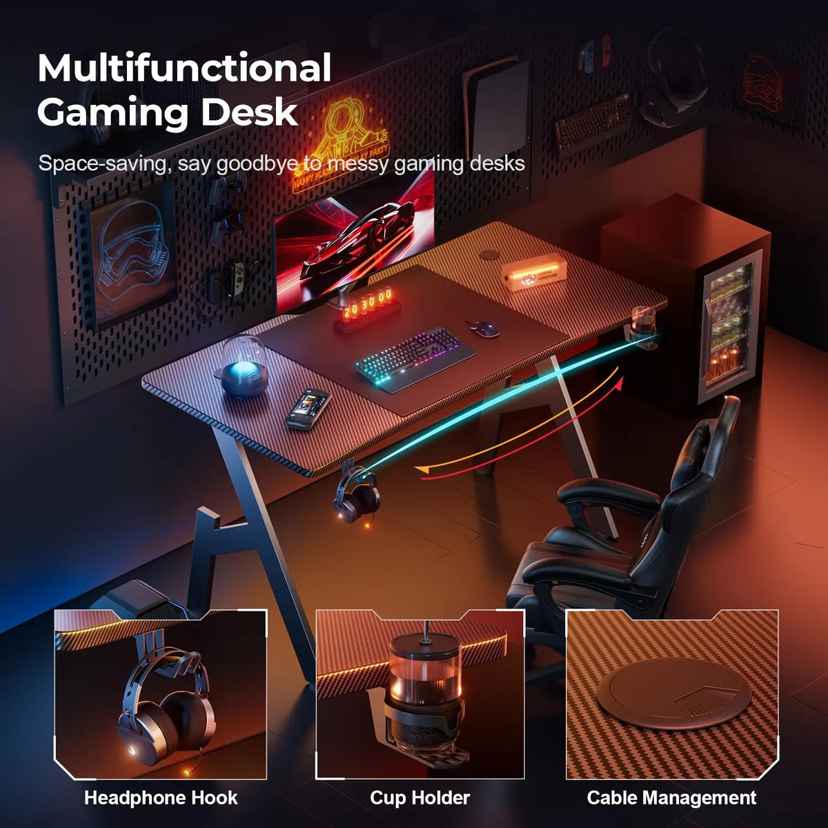 Multifunctional gaming desk features including headphone hook, cup holder, and cable management