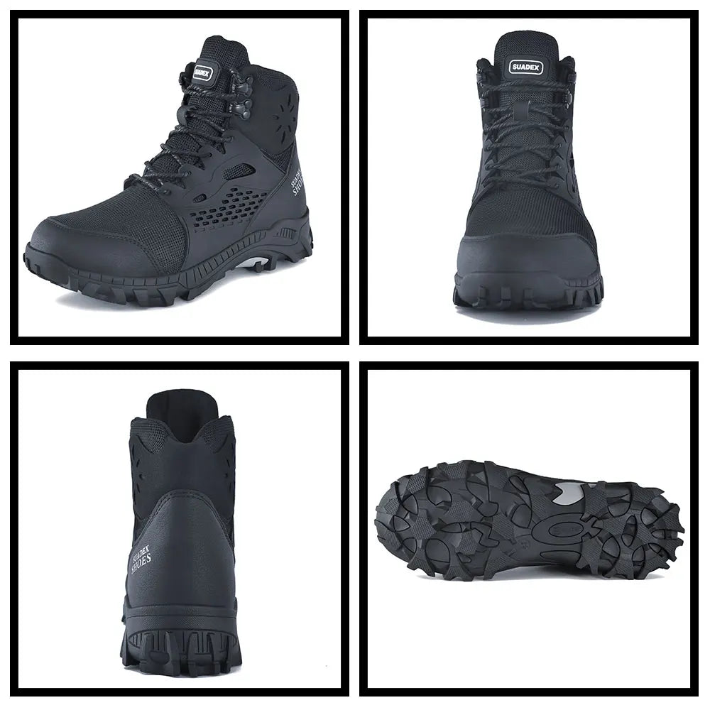 Set of black safety boots showing multiple angles and the tread