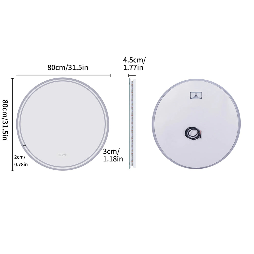 Luvodi 80cm Round LED Bathroom Mirror with Anti-Fog and Touch Control – 80cm (32inch)