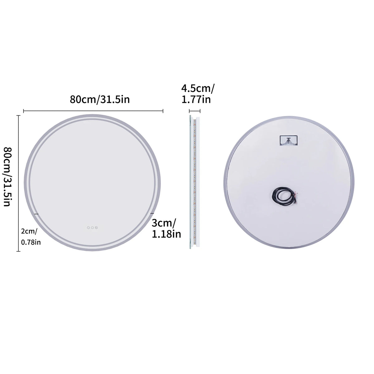 Luvodi 80cm Round LED Bathroom Mirror with Anti-Fog and Touch Control – 80cm (32inch)