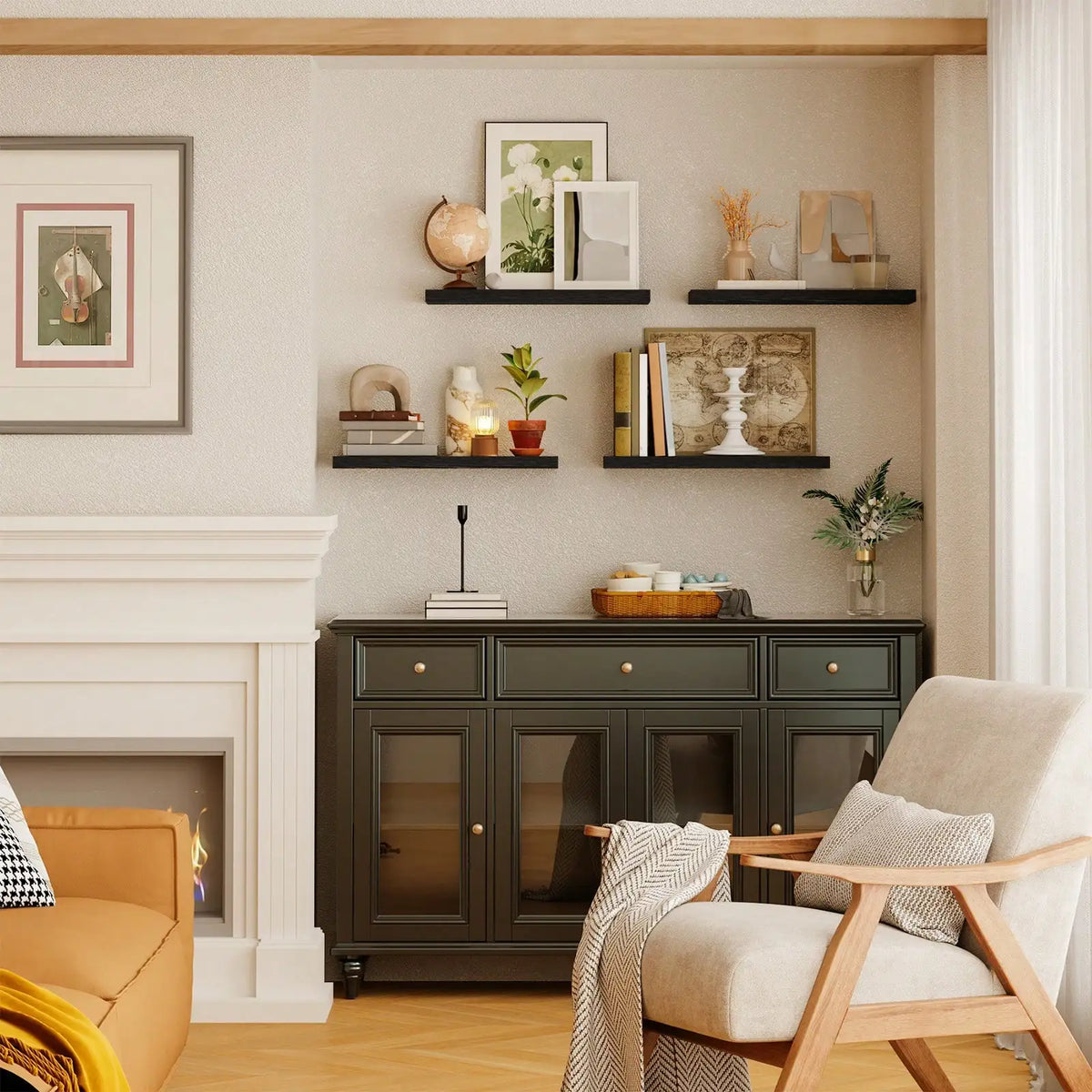 Four black floating shelves displayed on a beige wall above a dark sideboard and armchair