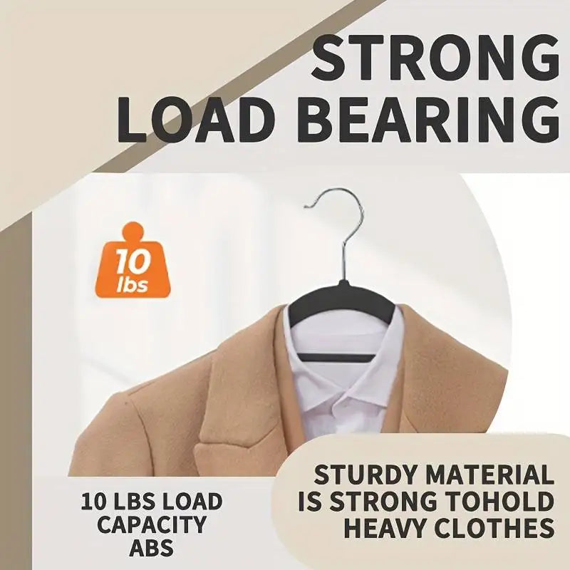 A black velvet hanger holding a coat and shirt with text indicating load capacity.