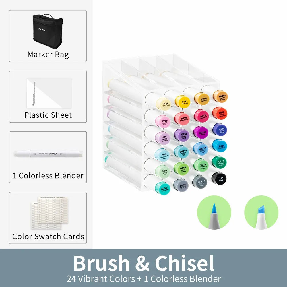 Ohuhu Honolulu Dual-Tip Alcohol Art Marker Set with Carrying Case – 24 Basic Colors