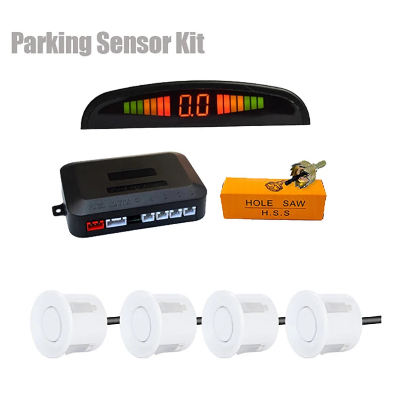 Car LED Parking Sensor Kit with 4 Ultrasonic Sensors and Digital Display – White