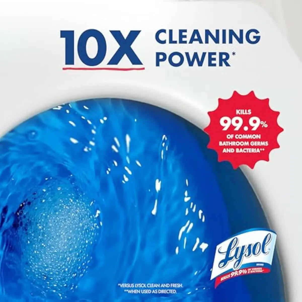 Toilet bowl with blue cleaning gel showing 10 times cleaning power