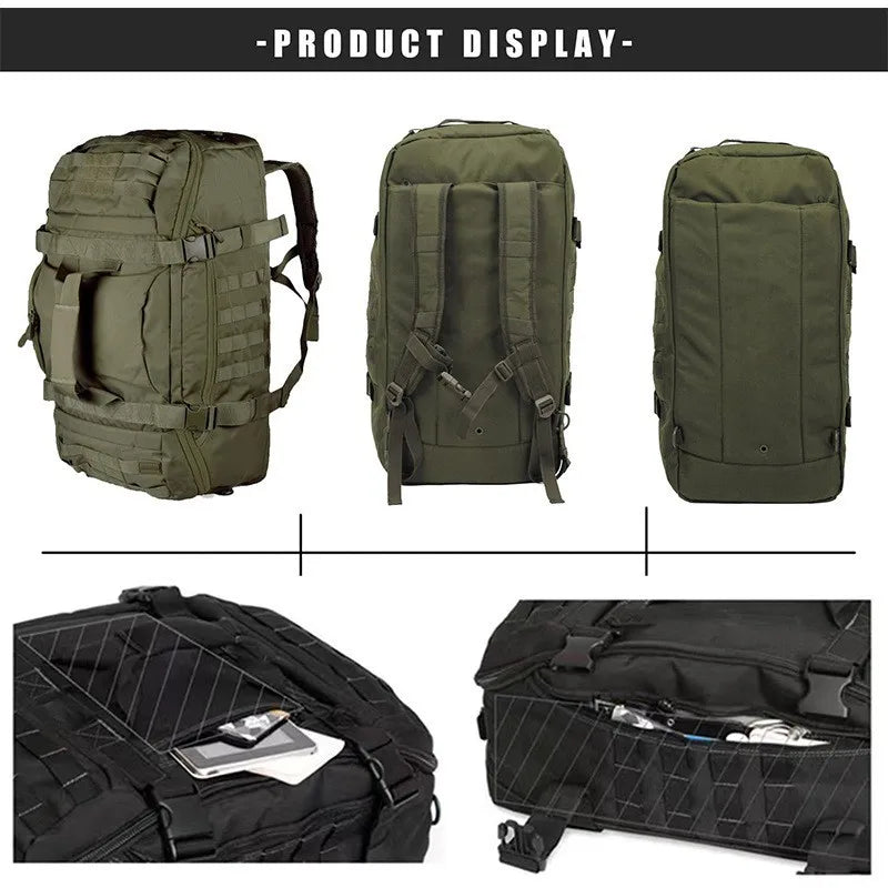 Tactical bag shown in different orientations and carry modes with pockets open