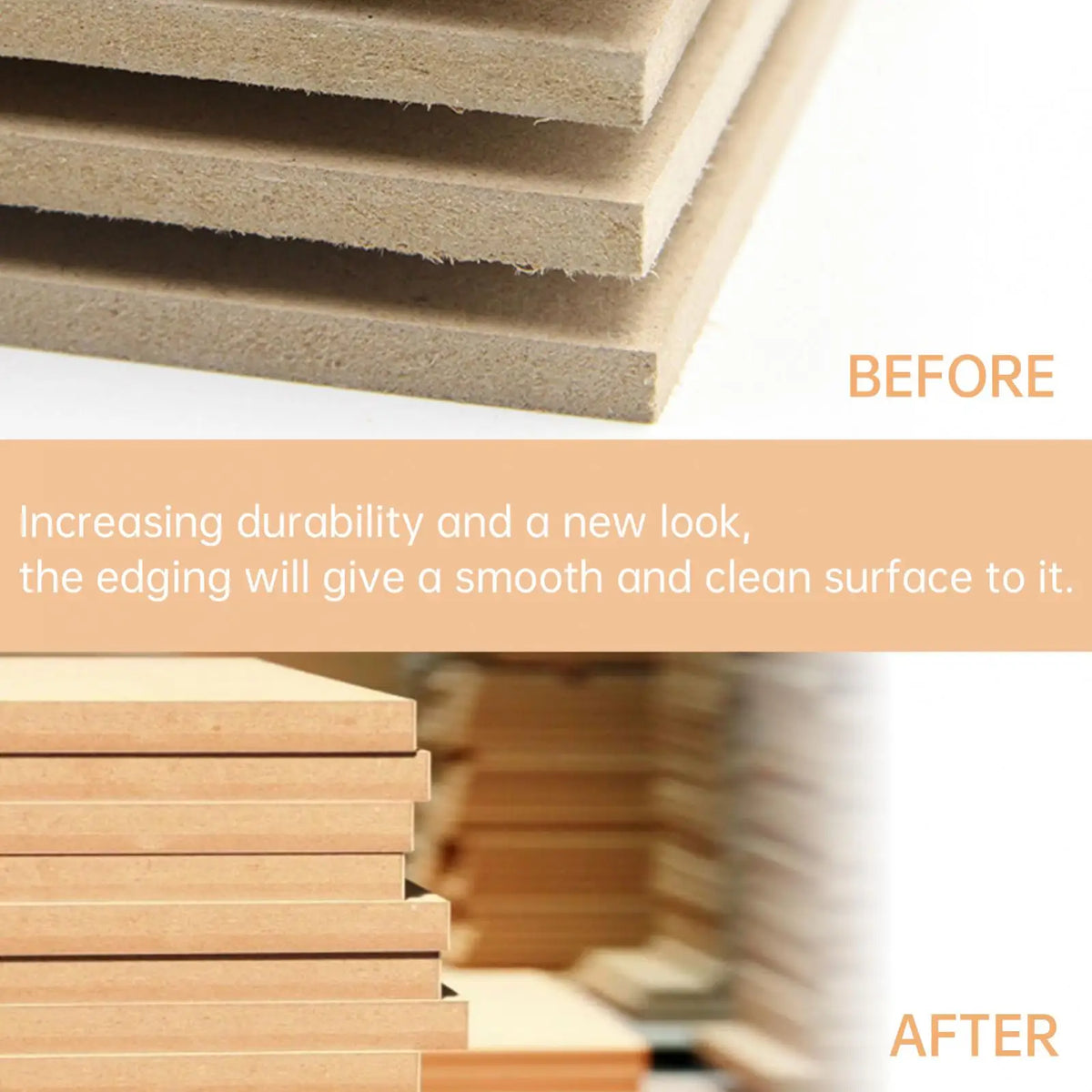Before and after comparison of raw plywood edges covered with wood veneer banding