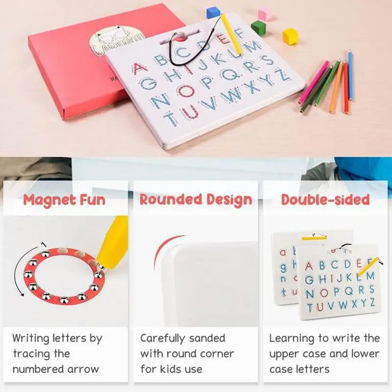 Double-sided magnetic tracing board with stylus, highlighting educational features and design.
