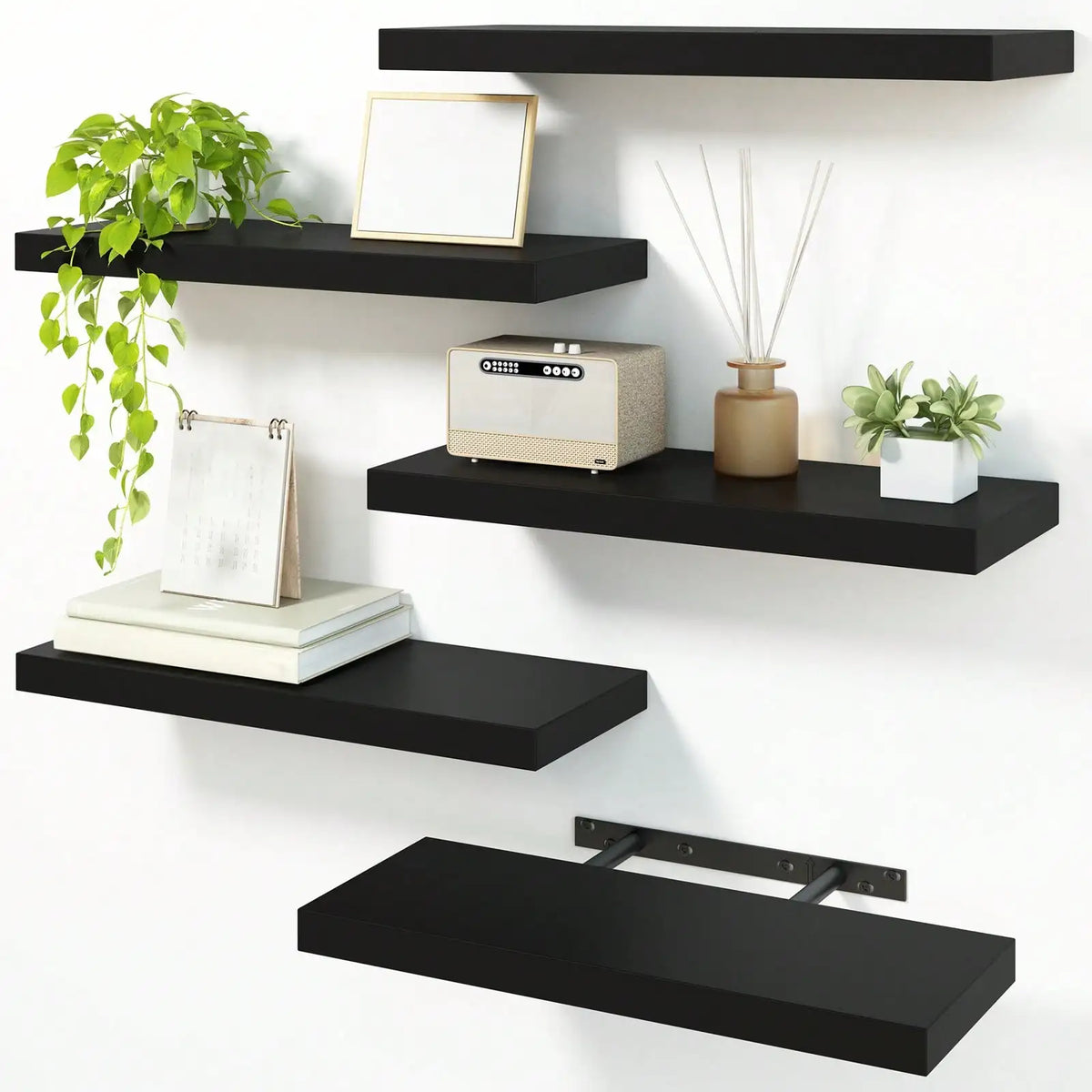 4-Pack 15.8-Inch Floating Wall Shelves, MDF Wood Storage – 5 Pieces - Black