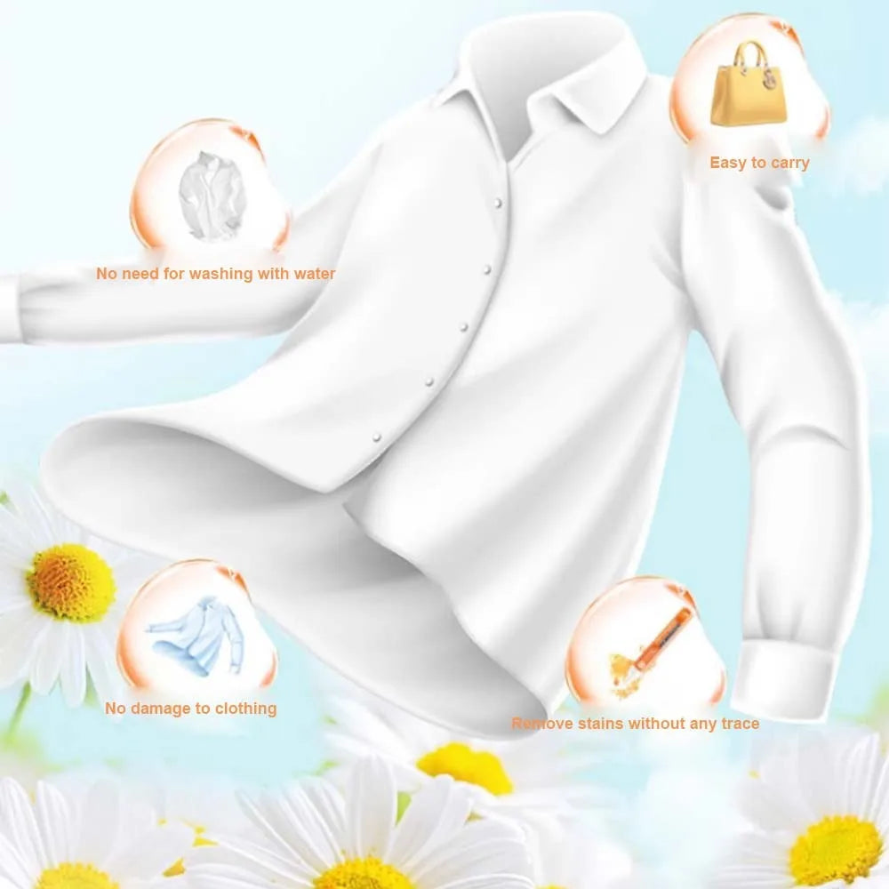White shirt shown with benefits of using a portable stain remover pen