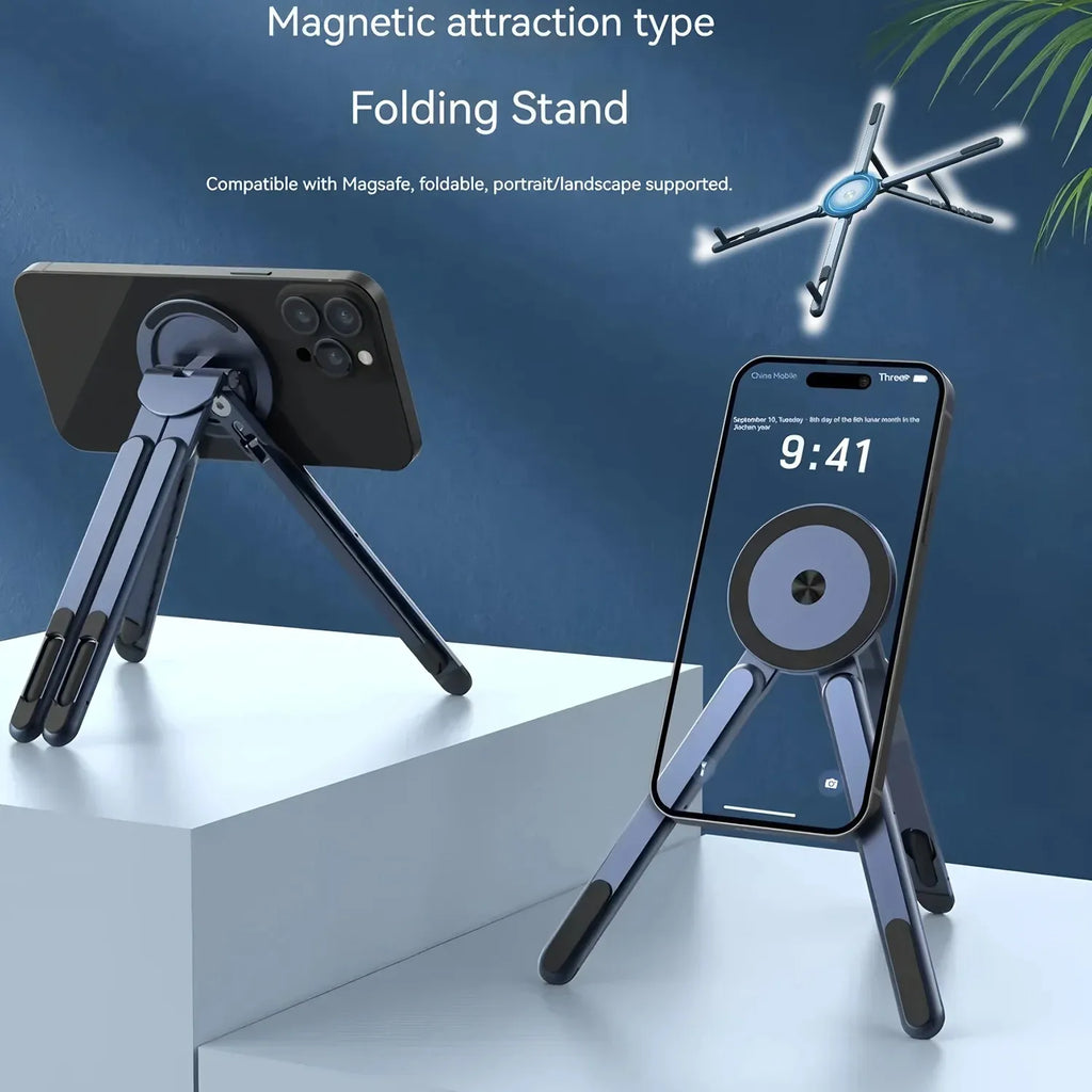 Magnetic folding phone stand holding a smartphone in portrait and landscape orientations