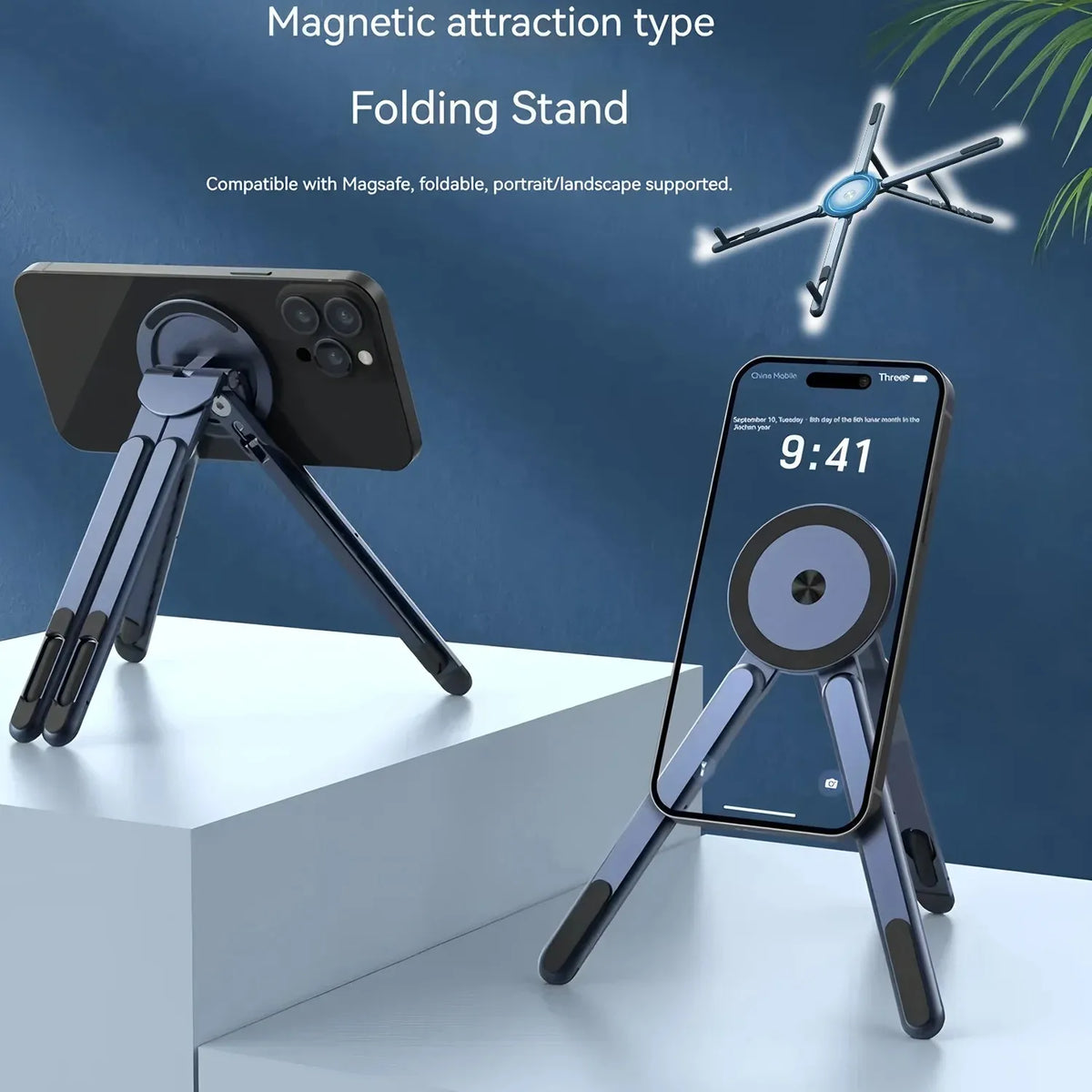 Magnetic folding phone stand holding a smartphone in portrait and landscape orientations