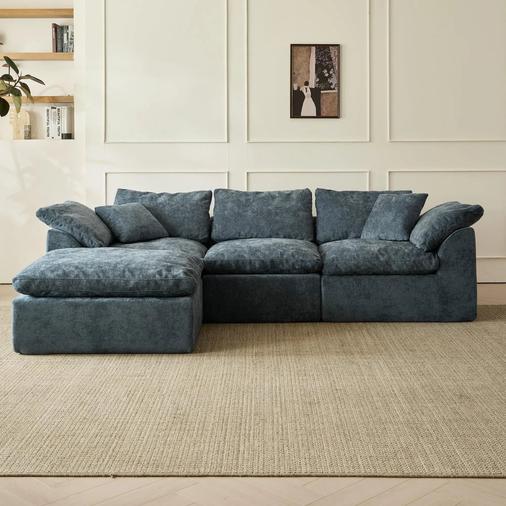 Blue modular L-shaped sofa with a chaise lounge.