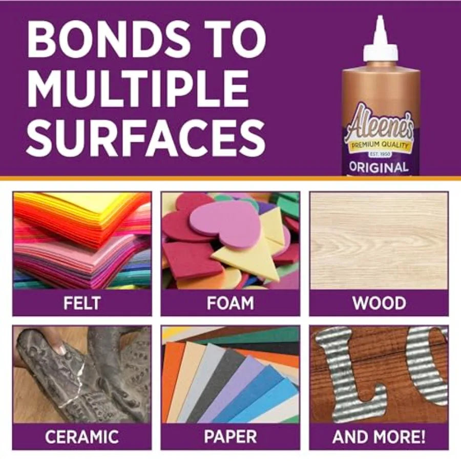 Collage demonstrating adhesive being used on felt, foam, wood, ceramic, and paper surfaces