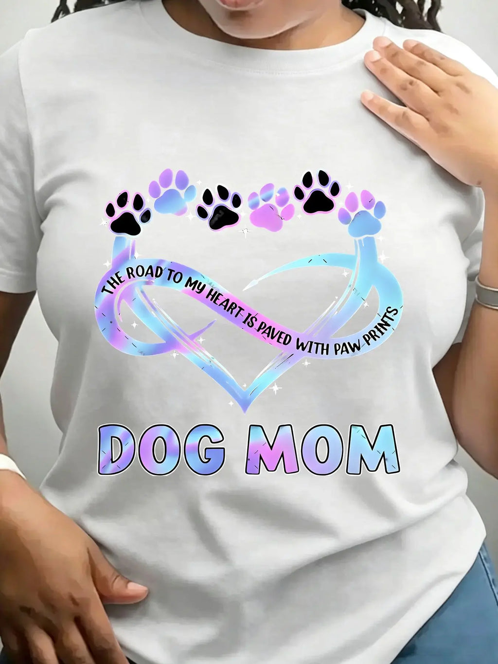 White crew neck t-shirt with Dog Mom infinity heart and paw print design