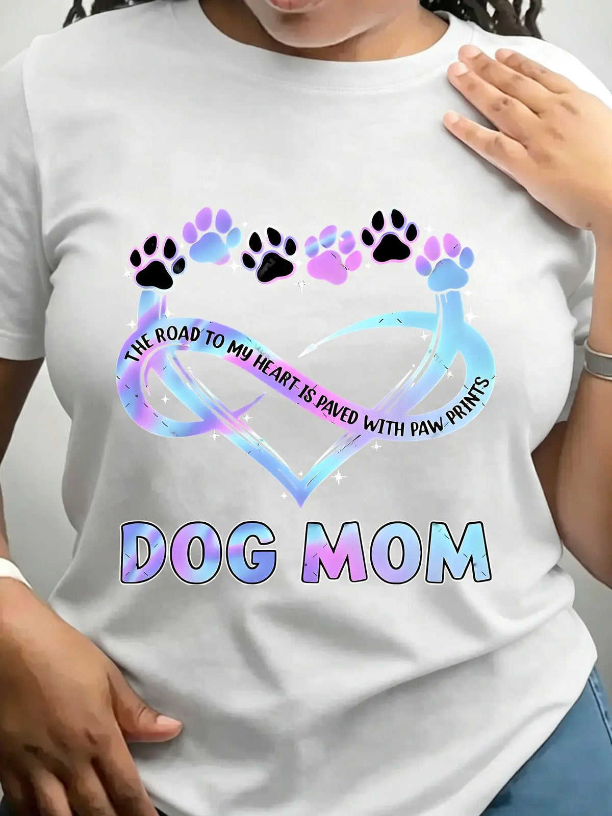 White crew neck t-shirt with Dog Mom infinity heart and paw print design