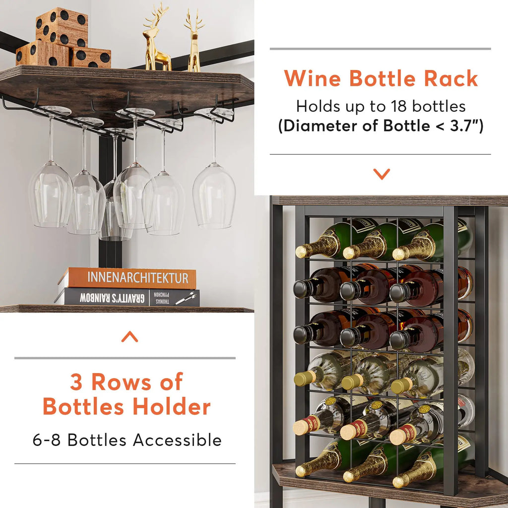 Detailed features of a corner wine rack showing bottle capacity and dimensions.