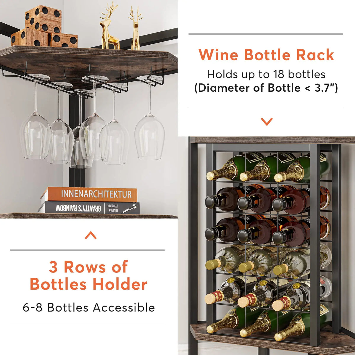 Detailed features of a corner wine rack showing bottle capacity and dimensions.
