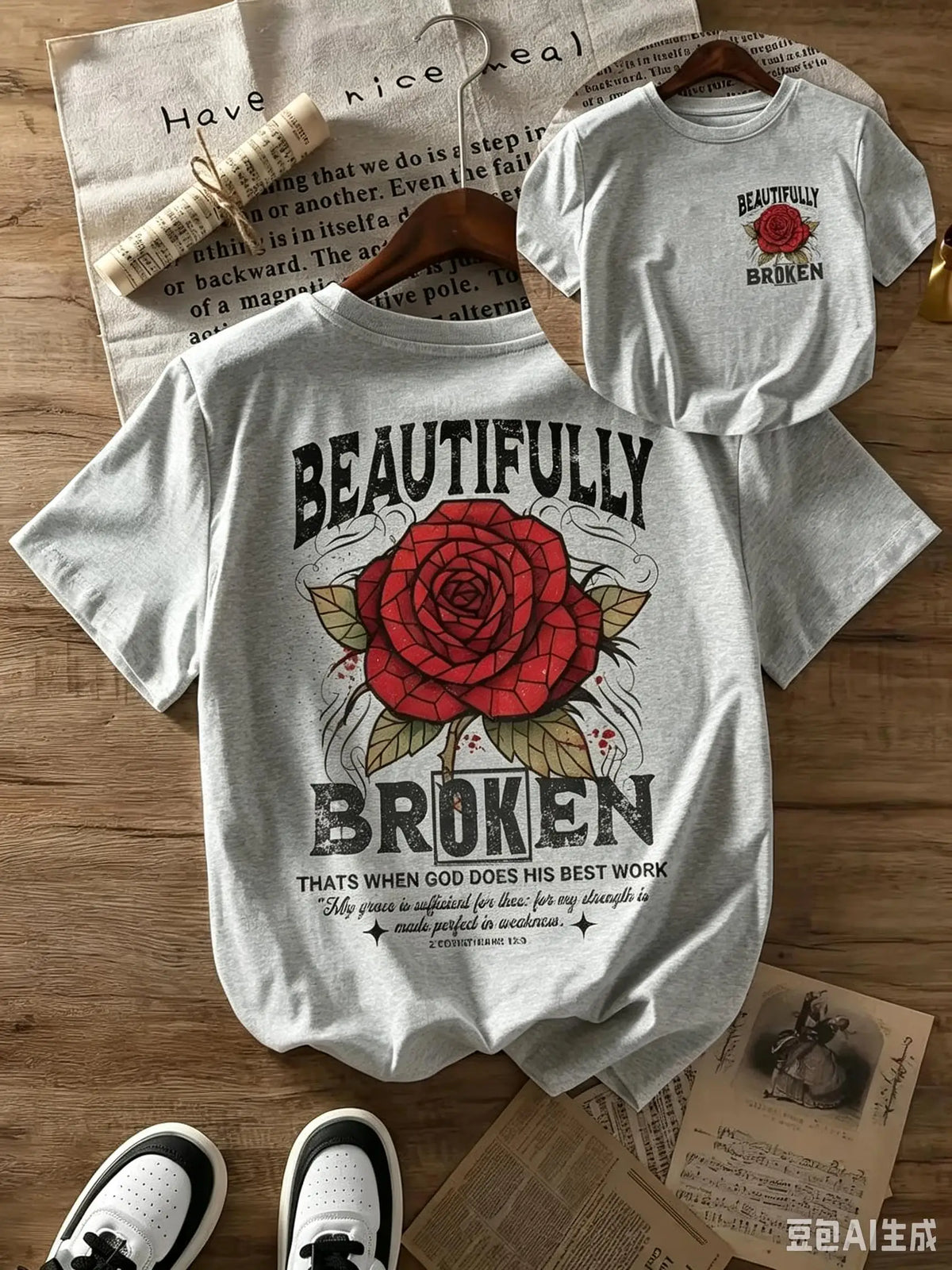 Women's Oversized 100% Cotton T-Shirt with Rose Geometric Print – Gray