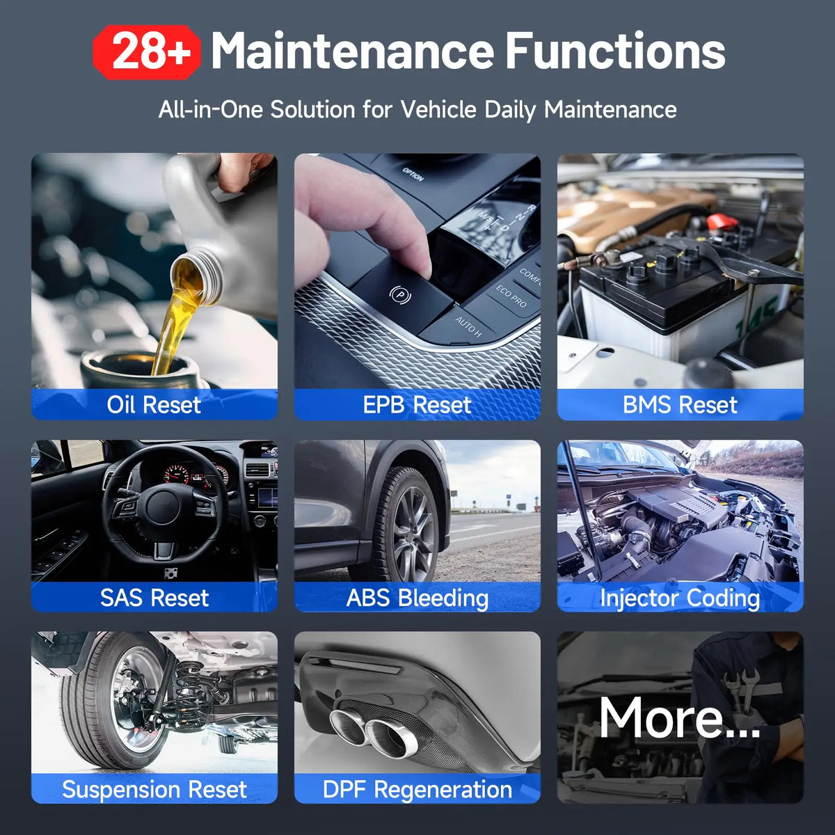 Overview of various vehicle maintenance and reset functions performed by a diagnostic tool.