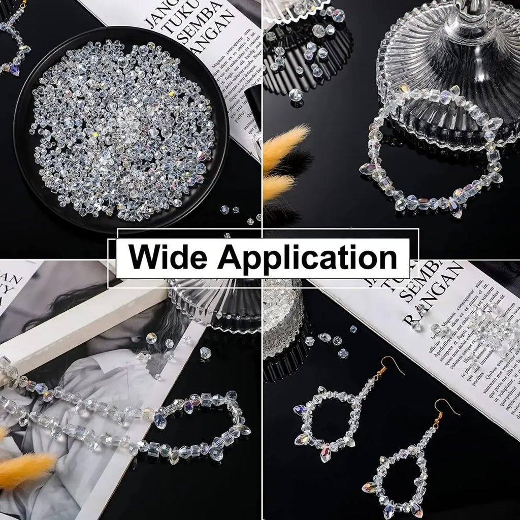 Clear crystal beads used in various DIY jewelry projects including earrings and necklaces.