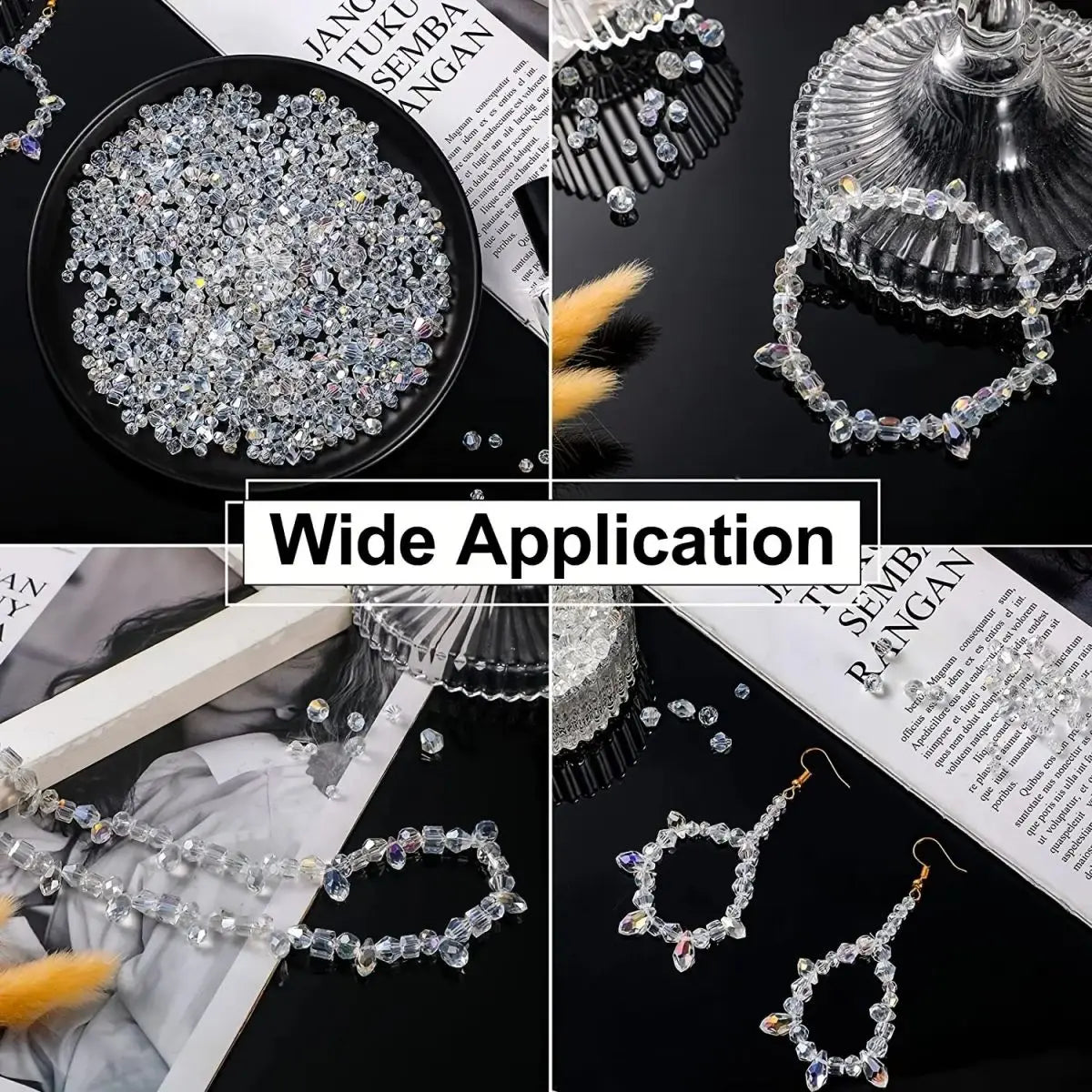 Clear crystal beads used in various DIY jewelry projects including earrings and necklaces.