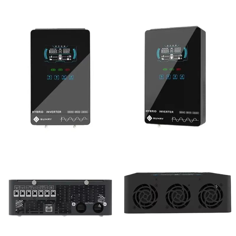 Front and connection panel views of a hybrid solar inverter showing ports and cooling fans