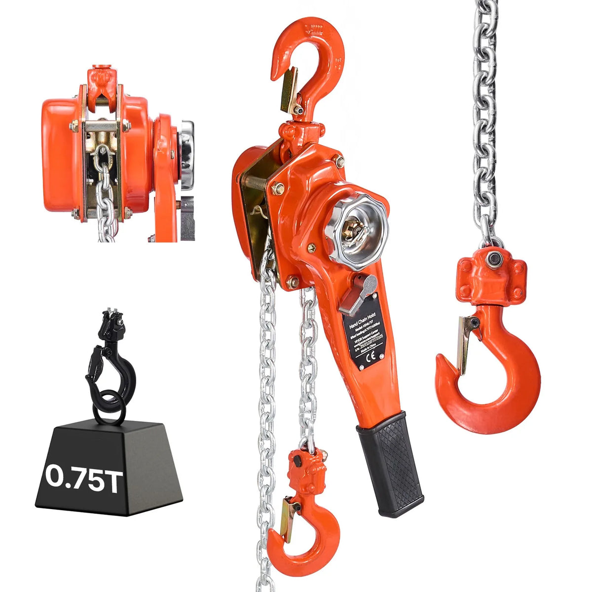Orange lever chain hoist with steel hooks and chain, featuring weight capacity label.
