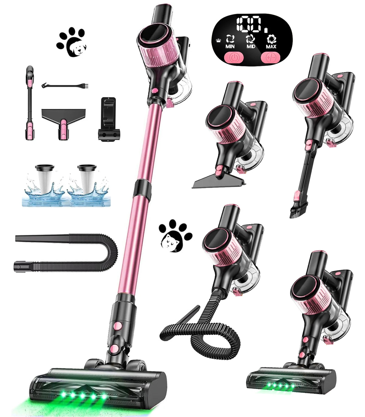 Suxiangvac 500W Cordless Stick Vacuum with 55kPa Suction and LED Display – Pink