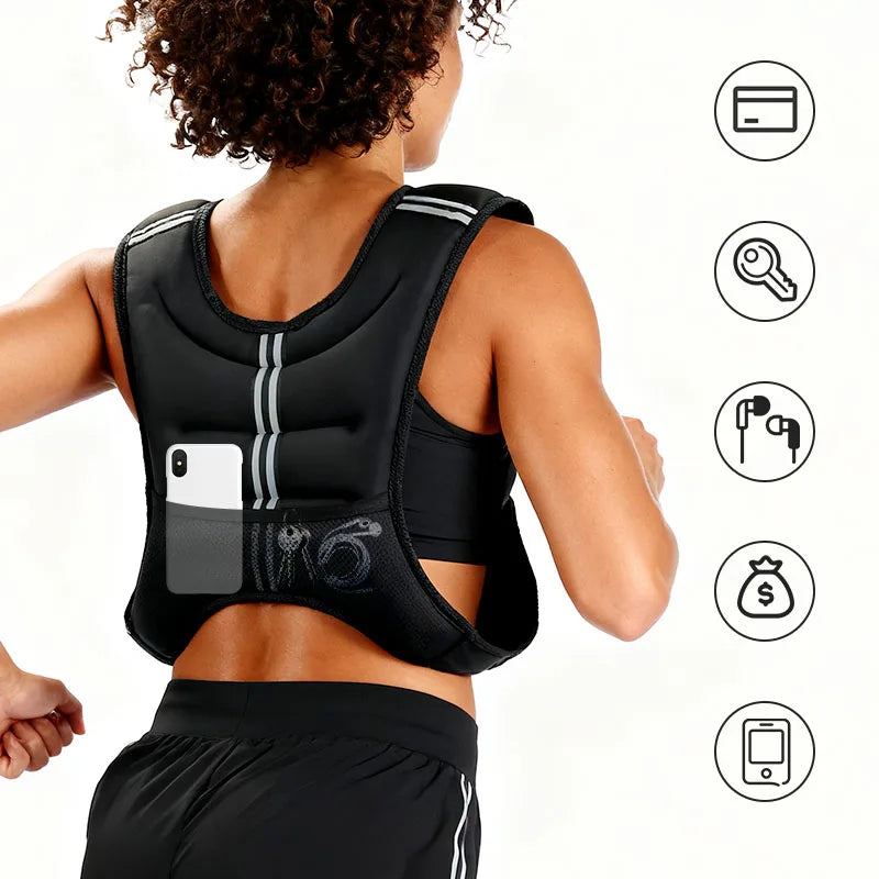 Person wearing a black weighted vest with storage pocket icons.