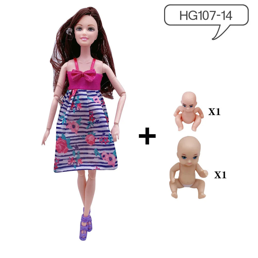 A pregnant fashion doll wearing a floral and striped dress with a small baby figure